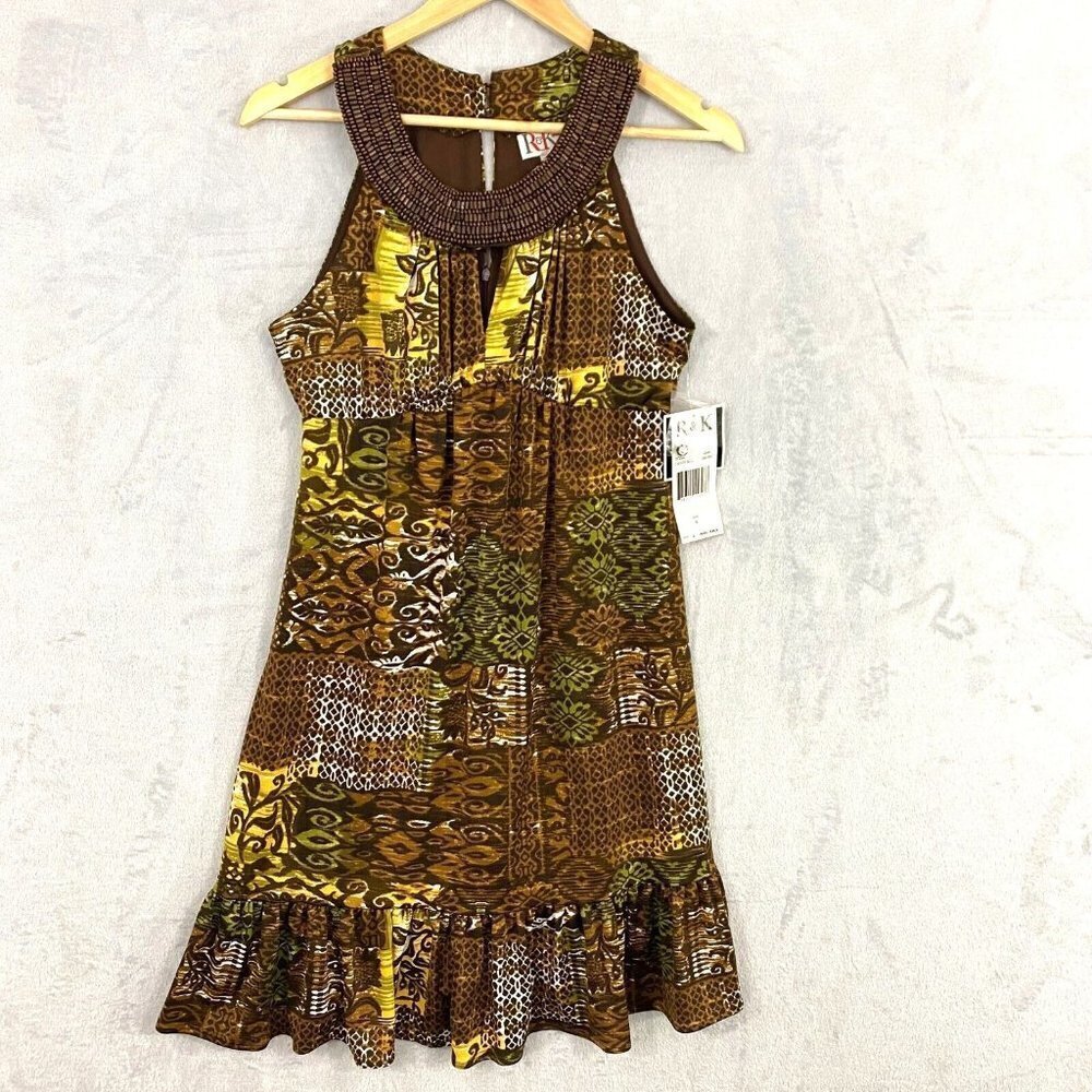 R&K Originals Beaded Tribal Halter Dress Womens 6 Brown Tropical Floral‎ NWT NEW
